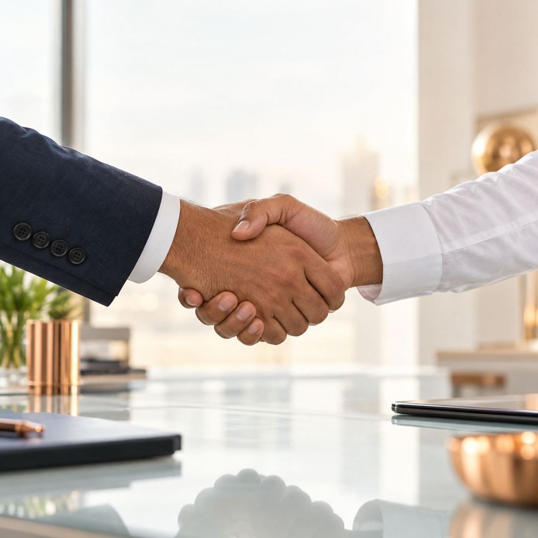 Handshake across a glass desk