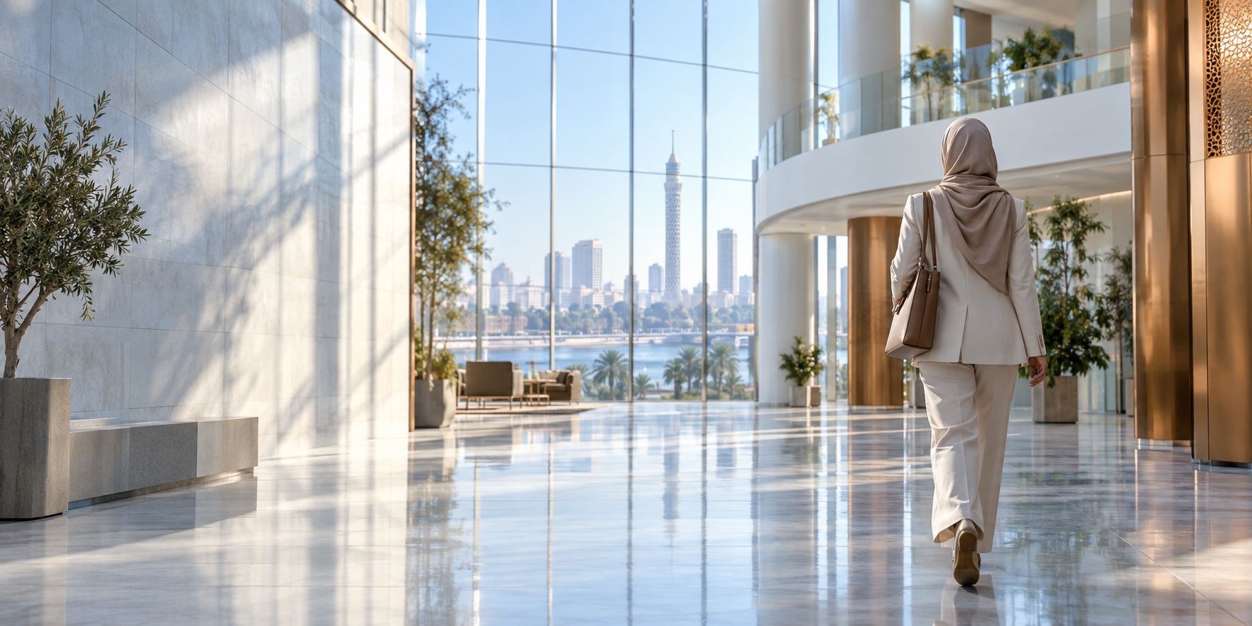 A professional walking through a light-filled atrium